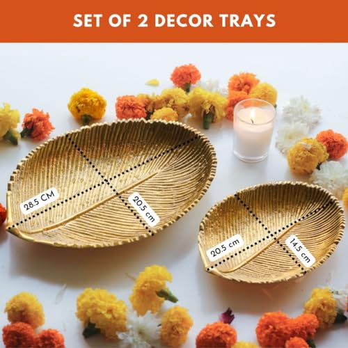 Image of Behoma Metal Leaf Shape 11 & 8 inches Tray | Perfect for Haldi, Mehendi, Reception Entrance Decoration | Special Navratri Tray for Centre Table | Gold (Set of 2) 1 Large & 1 Small (Only Trays)