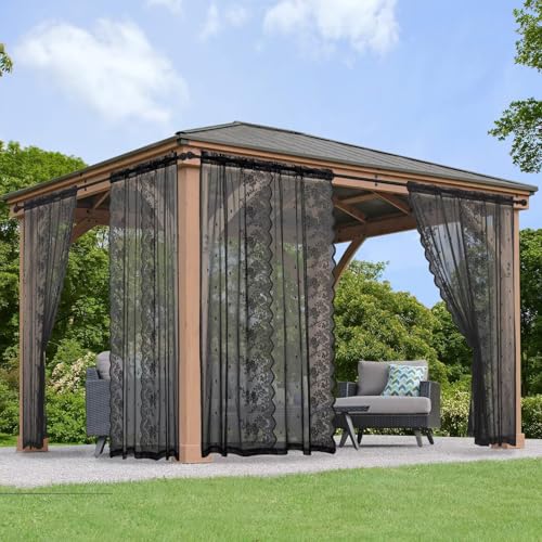 KYMRose Outdoor Sheer Lace Curtains for Patio, 2 Panels Waterproof Rod Pocket Outside Country Rustic Sheer Curtain for Gazebo, Porch, Pergola, Black 54W x 84L inches