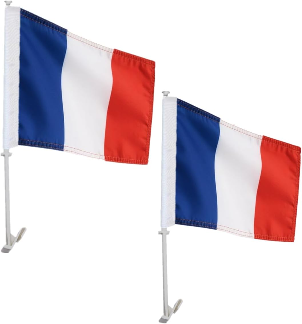 2 Pack France Car Flags 11" x 17" with Flagpole Mount,Premium 200D Polyester French National Car Flag,19" Flagpole Fixed Window Clip Mount for Most Vehicle Window.