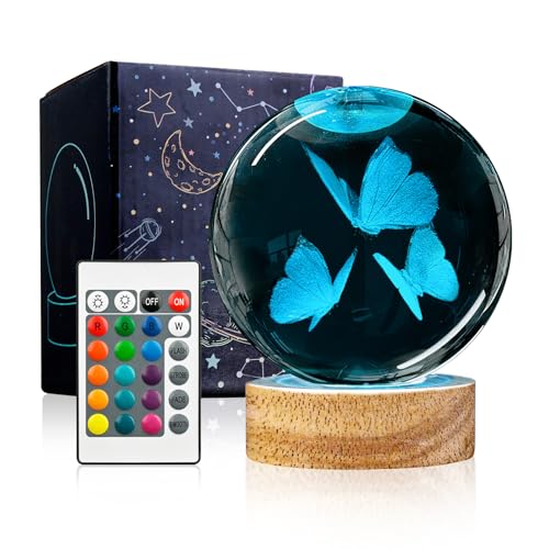 Image of 3D Butterfly Crystal Ball Night Light with Woodern Base, 3.15 inch Butterfly Figurine Glass Lamp with 16 Colors Cute Desk Decor for Home Butterfly Gifts for Women Kids Friends