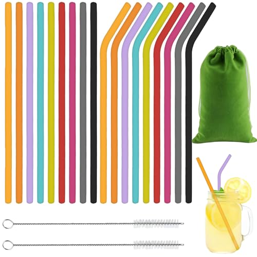 ZYNERY 18 Piezas Pajitas Reutilizables Silicona con Cepillo de Limpieza Pequeñas Cañitas Reutilizables de Colores para Niños Adultos Reusable Drinking Straws para Café Copas Fiestas Silicone Straws