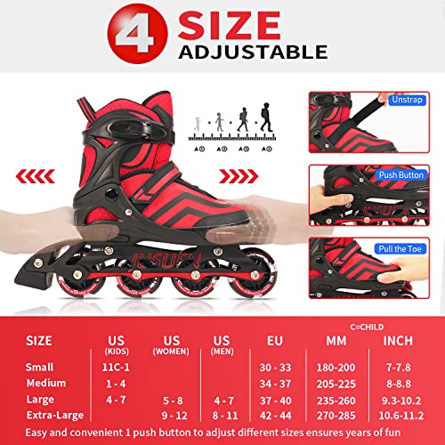 Jusuen Inline Skates For Kids,Adjustable Roller Blades Skates With Light Up Wheels For Girls And Boys Youth Adult -Red Medium(2-5Us) #TOP2