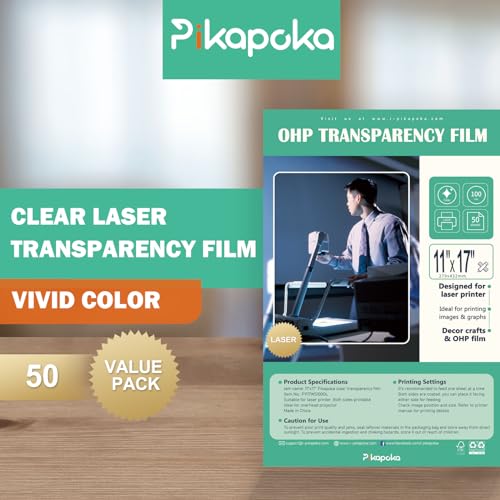 11x17 Transparency Film OHP, Clear Transparent Overhead Projector Film, 50 Sheets for Color Laser Printer and Copier, 100mic, Pikapoka (P8511YB100OL)