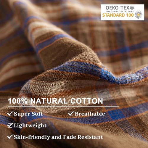 Image of EAVD Vintage Style Brown&Blue Plaid Duvet Cover Full Soft 100% Muslin Cotton Brown Green Blue Grid Checkered Plaid Bedding Set with 2 Pillowcases Reversible Gingham Duvet Cover with Zipper