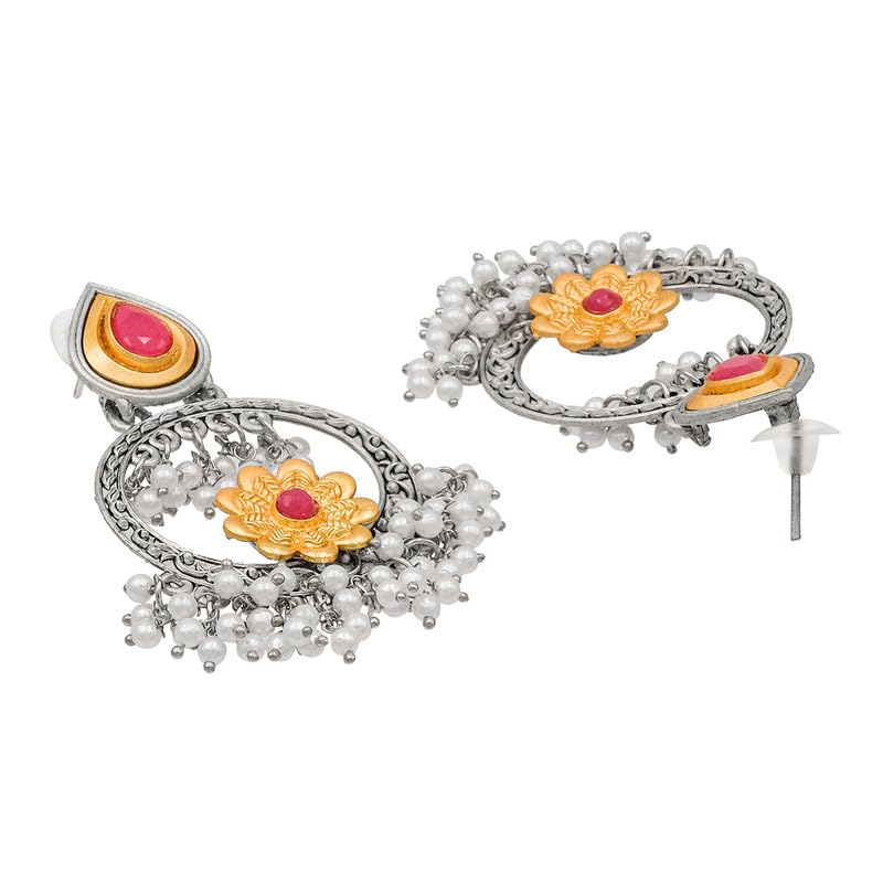 Shining Jewel Traditional Indian Matte Gold Antique Oxidised Silver CZ, Crystal Studded Chandbali Earring For Women - Turquoise (SJE_211_AQ) - Image 5