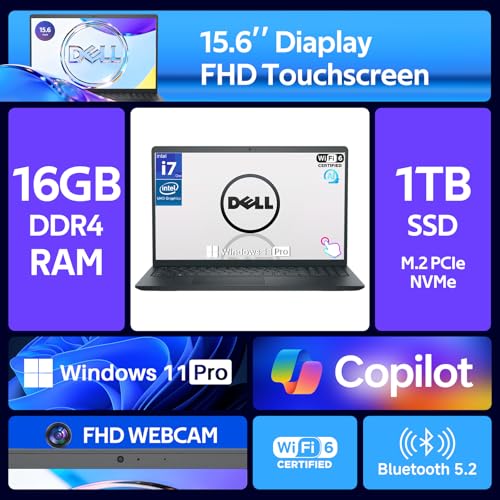 Image of Dell 15.6 inch Touchscreen Laptop DC15250, Intel 10-Core i7-1355U, 16 GB RAM, 1 TB SSD, FHD (1920 x 1080) Anti-Glare Display, Copilot AI, Wi-Fi 6, Win 11 Pro, HD Webcam, Bluetooth, for Business & Student