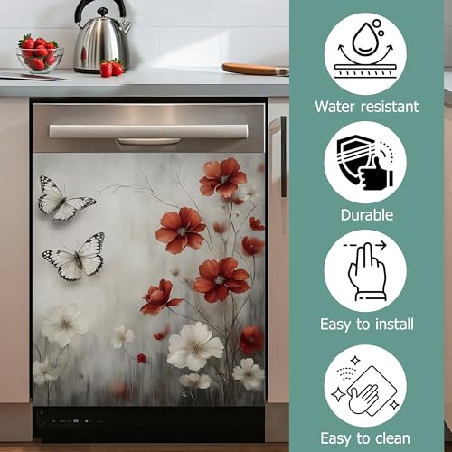 Image of Vintage Red Flowers Refrigerator Magnet Cover,White Butterflies Washable Dishwasher Magnets Decorative Cover,Home Kitchen Decorative Dishwasher Front Panel Cover 23x26 Inch