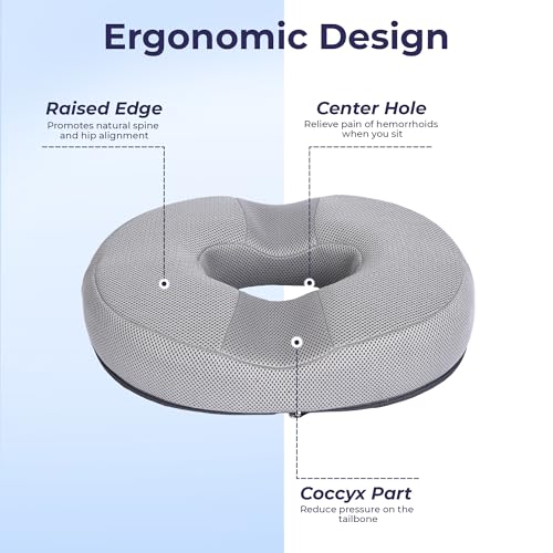 Image of Billebon Orthopedic Memory Foam Donut Pillow for Tailbone Pain| Coccyx Seat Cushion for Piles & Hemorrhoids| Sciatica| Prostate| Post-Natal| Pregnancy Pain Relief| Breathable Mesh Cover - Grey