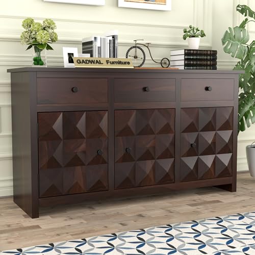 Image of Solid Sheesham Wood Wooden Sideboard Storage Cabinet & Chest of Drawer : Ideal for Living Room and Bedroom with 3 Drawers and 3-Shelf Storage (Morse, Walnut Finish)