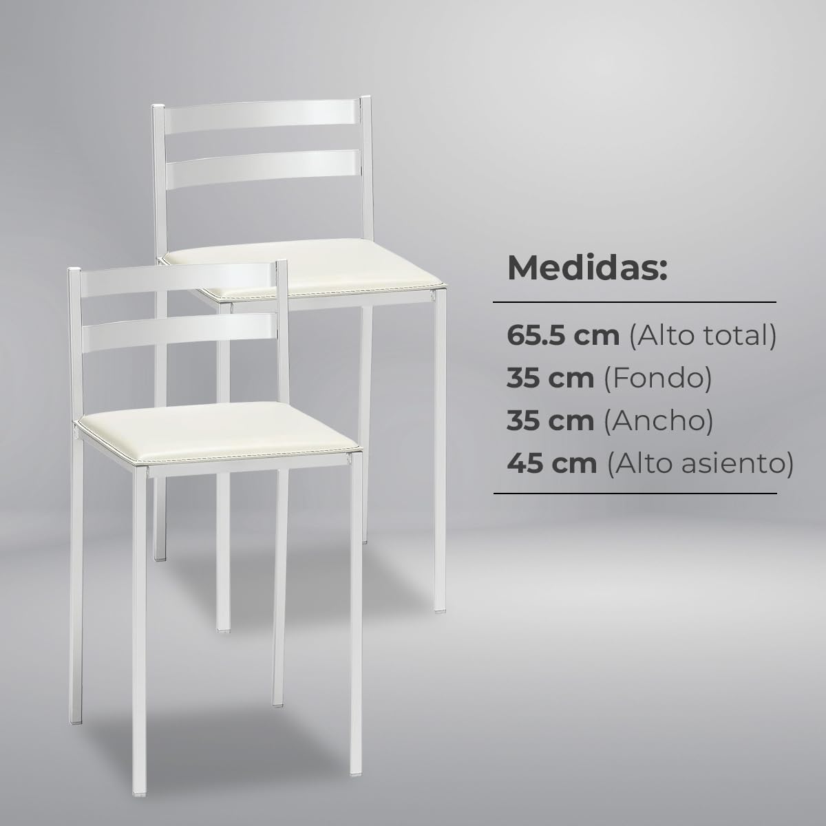 2 Taburetes de Cocina con Respaldo bajo, Franjas horizontales y Asiento tapizado - Estructura Color Blanco - Asiento en Polipiel Blanco