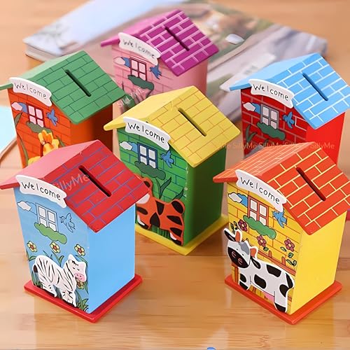 Image of 3pcs Wooden Piggy Banks - Return Gifts Birthday Party for Kids, Colourful Animal Hut Shaped Coin Banks - Return Gift for Kids Birthday Age 6-10 6-12