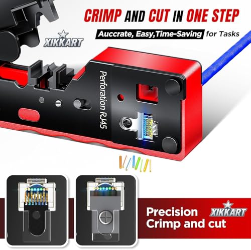 Image of XIKKART RJ45 Crimping Tool Kit - All-in-One Passthrough Ethernet Crimper for Cat5 /Cat6 /Cat7 - Includes Network Cable Tester with Battery, 10pc Cat6 Pass-Through Connectors & 10pc Boots(Multicolor)