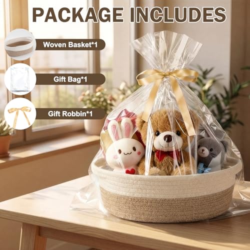 Image of Basket for Gifts Empty, Small Woven Basket with Bags and Ribbons, Baby Toy Baskets with Handles, Wicker Storage Bin for Baby Showers or Pet Toy (White & Brown, 1 Pack (12 inchx 8 inchx 3.74 inch))
