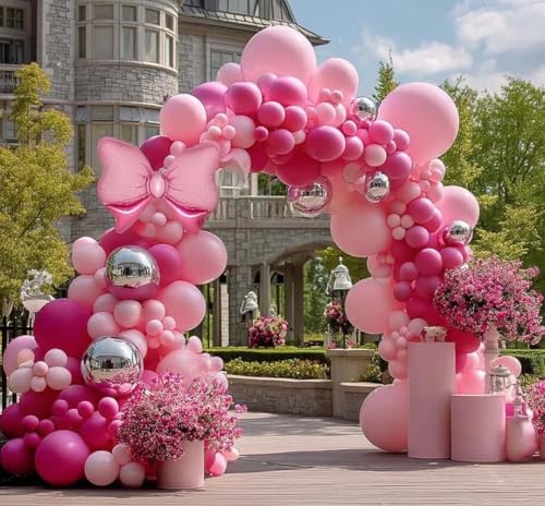 Image of Pink Balloon Arch Kit Double Stuffed Peach Pink Bow Balloon Garland Foil Silver Balloons For Happy Birthday Baby Shower Bridal Shower Wedding Girls Women Theme Tea Party Decor
