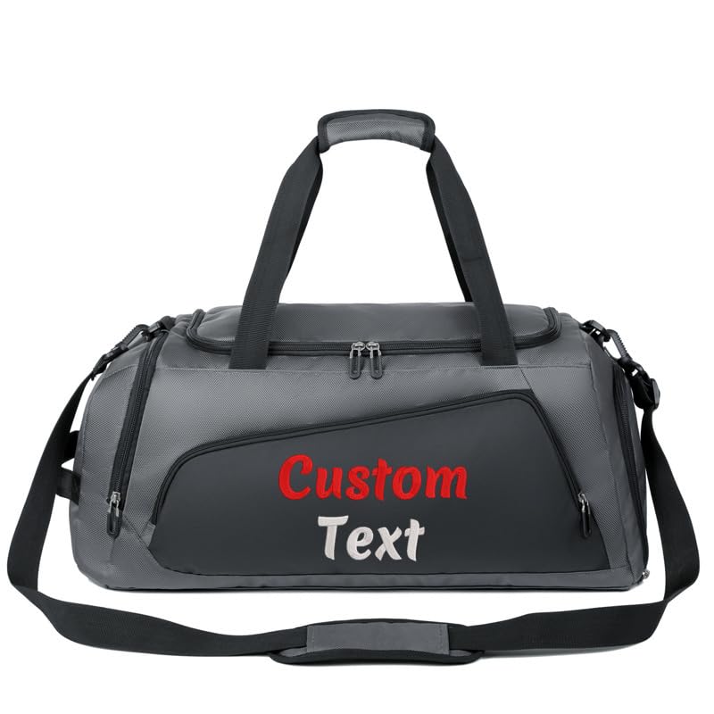 Bolsas de lona deportivas personalizadas para hombres, mujeres, bordadas con tu nombre y logotipo - Bolsa de fin de semana personalizada para gimnasio, pernoctación, viaje, gris/negro., 24'*12'*2'