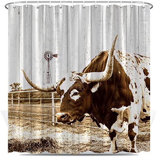Longhorns Cow Shower Curtain Rustic Farmhouse Texas Cattle Wooden Fence Windmill Western Country Farm Animal Grass Rural Utah Usa Brown Fabric Bath Curtains Bathroom Polyester With Hooks 70X70Inch #TOP24