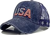 Patriotic-USA-Baseball-Caps Woman-Man-Washed-Worn-Out-Mesh-Sun-Hat for 4th July (Size M) Blue