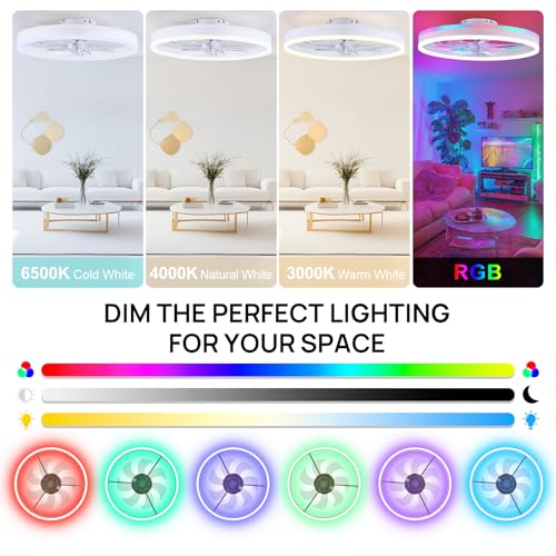 Image of 20 inch RGB Ceiling Fans with Lights and Remote /APP, Dimmable 3000-6500K LED Low Profile Ceiling Fan with Light, Modern Fandelier Flush Mount Ceiling Fan Light for Living Room, Bedroom and Kitchen