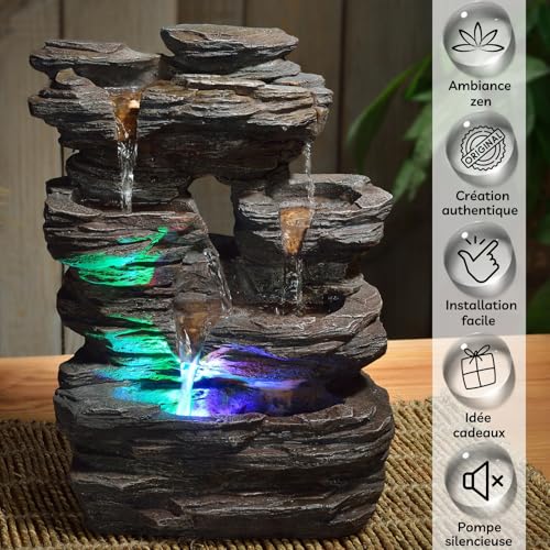 Zen’Light - Zimmerbrunnen Pietra - Steinoptik aus Kunstharz mit Bunten Lichteffekten - Moderne Zen Deko, Meditation & Entspannung - Glücksbringer - H35cm