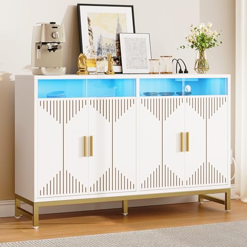 DWVO 47" Kitchen Storage Cabinet with LED Light & Power Outlet, Modern Sideboard Buffet Cabinet with Storage for Hallway, Kitchen or Living Room, White/Gold