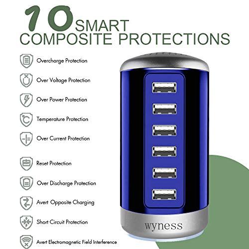 6 Ports Desktop Charging Station USB Hub Wall Charger with QC 2.1,Compatible for Smart Phones, Tablets, and Other Electronics (Blue)