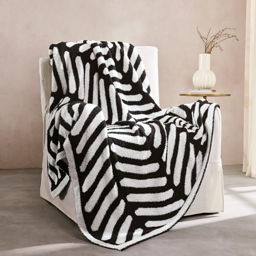 Cozzenity Throw Blanket Soft Cozy Fluffy Striped Throw Blankets for Couch Sofa Bed Chair Warm Fuzzy Plush Lightweight Decorative Stripe Blanket Black White 50x60 inches