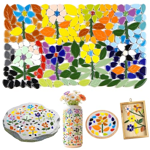 LOTOFUN Mosaic Tiles for Stepping Stones: 610g Vibrant Mosaic Tiles for Crafts Bulk with Petals Centers Leaves Stem Decorative Ceramic Flowers Mosaic Supplies for DIY Garden Decor- Crafts for Adults