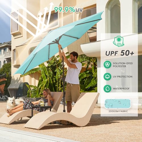 Image of JEAREY 9FT Outdoor Patio Umbrella with Solar Lights, LED Lighted Pool Umbrella with Tilt and Crank, Outdoor Table Umbrellas for Deck, Yard & Market (Teal)