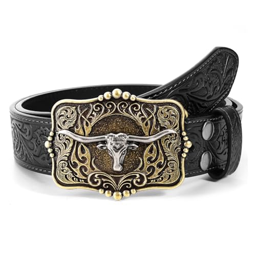 Image of Cowboy Cowgirl Belt Western Belts for Men Women Floral Engraved Longhorn Bull Buckle Belt for Jeans