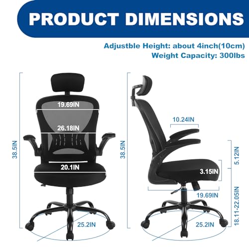 Image of Youhauchair Adjustable Mesh Ergonomic Office Chair with Wheels, Black | Flip-up Arm, Lumbar Support, Height Adjustable, Breathable, Rocking, Mid Back Swivel Compurter Chair with Headrest, Set of 1
