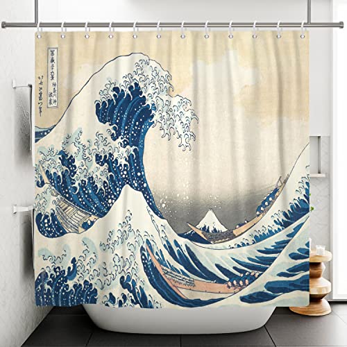 SDOTPMT 72x96inch Japanese Ocean Waves Shower Curtain Abstract Sea Wave Wooden Boat Bath Curtain Ukiyo-e Theme Fuji Mountain Bathtub Curtain for Bathroom Decor Fabric Polyester with Hooks - Image 2