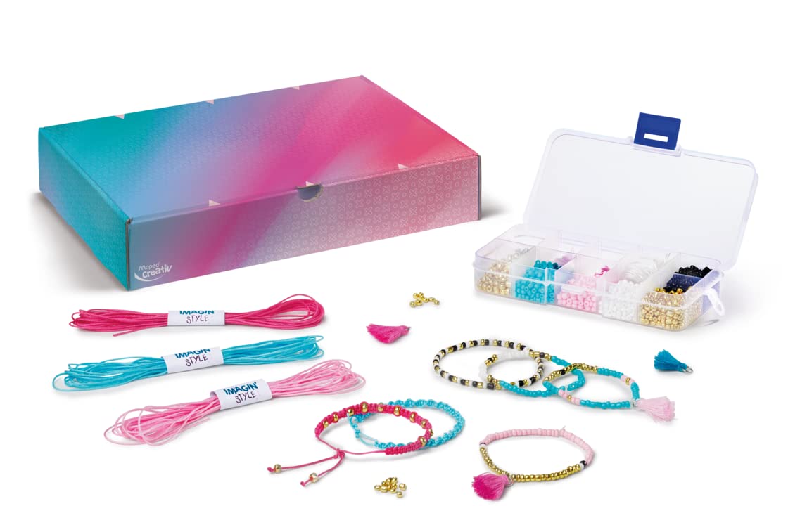 Maped CREATIV 907401 biżuteria do rękodzieła IMAGINE'STYLE-w zestawie z nićmi, cekinami, perłami, pomponami i pudełkiem do przechowywania, kolorowa, 1 zestaw