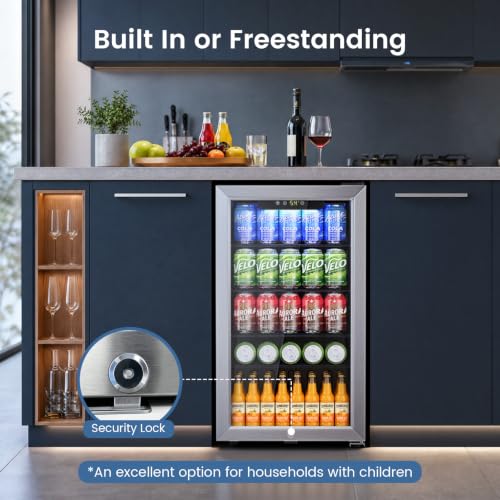 Image of Electactic Mini Fridge 130 Can Lockable Beverage Refrigerator Cooler, 3.1 Cu.Ft Drink Fridge Silver Glass Door for Soda Wine Beer, Digital Temperature Control Cooler for Home,Bar