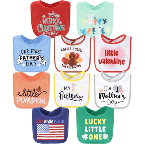 Image of The Peanutshell Baby Boy or Girl Terry Bibs Set of 10-100% Cotton, Soft, Absorbent Baby Bibs, Unisex Toddler Boy or Girl Set, Newborn & Infant - Holiday