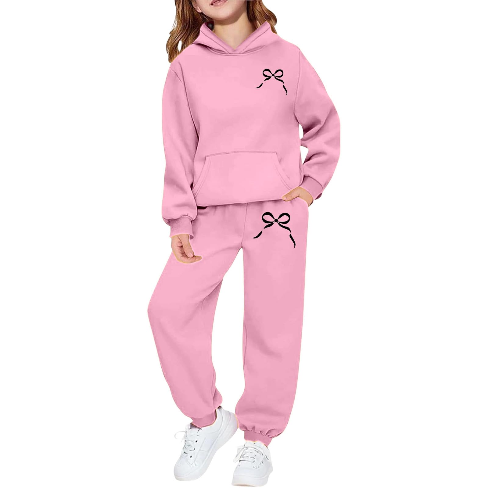 Jogginganzug Mädchen Jungen Zweiteiliger Trainingsanzug Schleifen Druck Freizeitanzug Einfarbig Sportstyle Set Langarm Kapuzenpullover Hoodie mit Jogginghose Y2K Kinder Sportkleidung