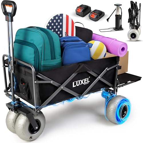 Electric Foldable Beach Wagon 300lbs Capacity - Power 2 Battery 6000mAh - Heavy Duty Wagons with 9 All Terrain Wheels for Sand - Collapsible Canvas Utility Carts - Portable Outdoor Camping Cart Black