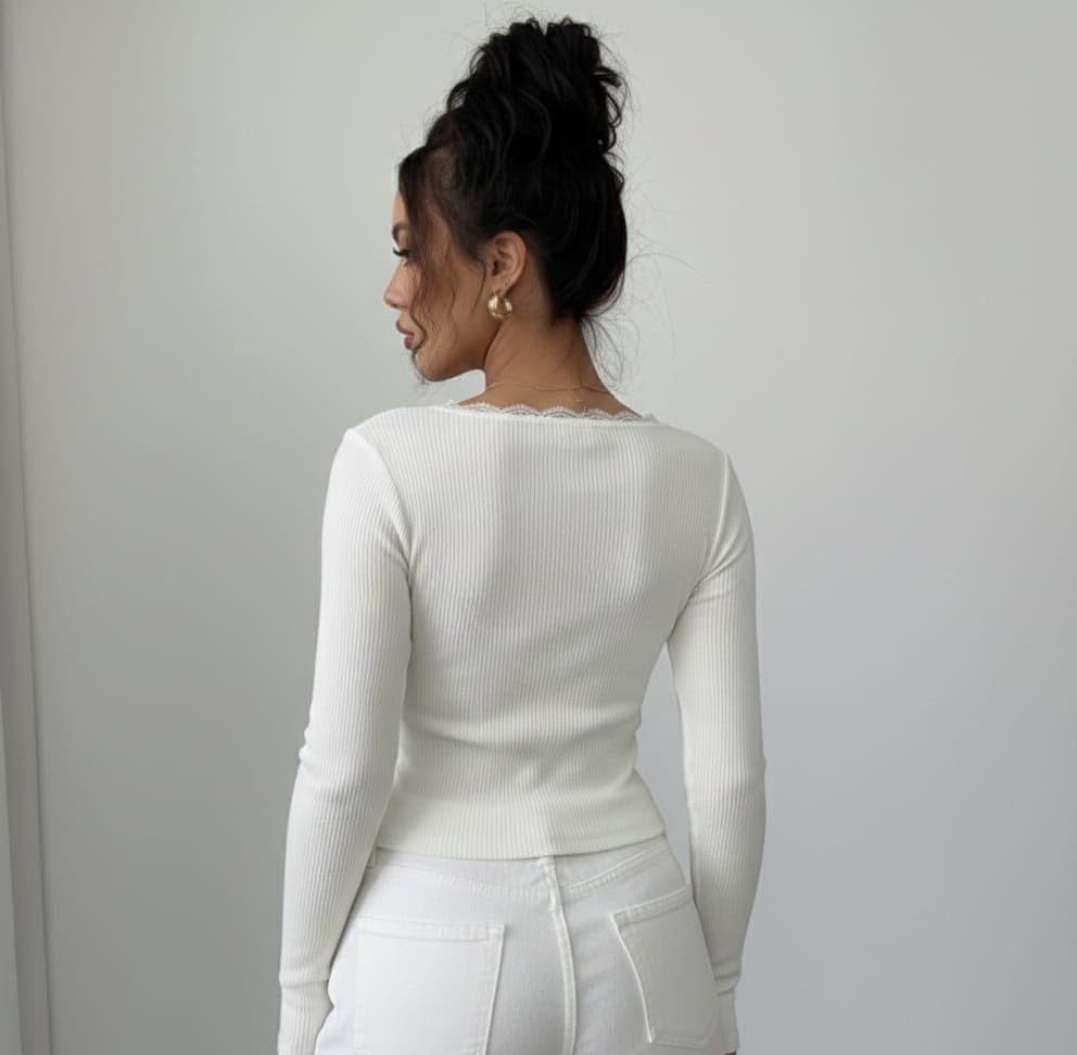 Image of Korean Deep Neck Lace Crop Top for Women, Full Sleeve Stylish Top, Trendy Slim Fit for Girls