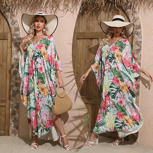 Kaftan Dresses,Colorful Floral Print Cover Ups Maxi Beach Cover Ups Vneck Batwing Sleeve for Women's Swimwear3