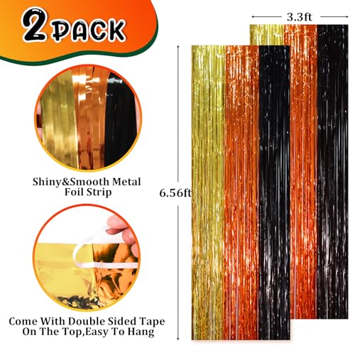 Image of Voircoloria 2 Pack Black Gold Orange Foil Fringe Backdrop Curtains, Tinsel Streamers Party Decorations, Fringe Backdrop, Door Shimmer for Construction or Birthday Party