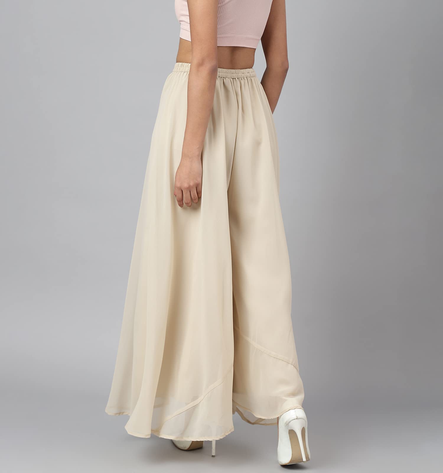 RATAN Women's Georgette Flared Freesize High Rise Sharara Palazzo Pant With Lining (Beige) -Free Size 1