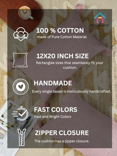 Image of HOMADORN Luxury Cotton Handmade Decorative Boho Throw Pillow Covers with Tassels for Sofa Couch Living Room Indoor Outdoor Chair Car Farmhouse (12X20 INCHES (Rectangle), Lavender (Pack of 2))