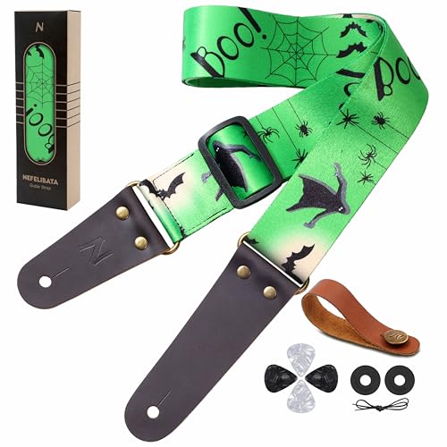 Nefelibata Guitar Strap, Nylon Print Bat Halloween Guitar Straps with Head Cowhide Leather Ends for Bass, Electric & Acoustic Guitars, Free Strap Button, 1 Pair Strap Locks and 4 Guitar Picks