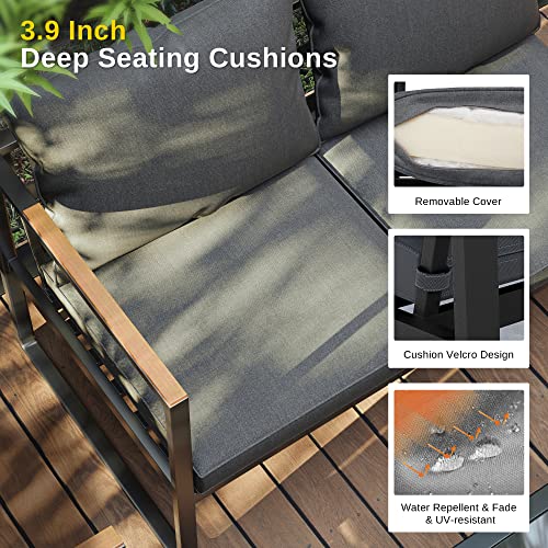 East Oak Courtyard Patio Furniture Set, 4-Piece Outdoor Patio Set With Sofa, Removable & Washable Deep Seating Cushion, Tempered Glass Table, Outside Patio Conversation Sets, Black & Dark Grey #TOP2