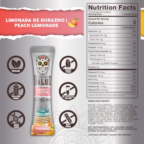 Image of Salud 2-in-1 Energy Drink Powder + Focus, Peach Lemonade, Organic Caffeine, B6 + B12, Theanine, Clean Energy Drink Packets, Agua Fresca Mix, Non-GMO, Gluten Free, Vegan, 1g of Sugar, (15 Servings)