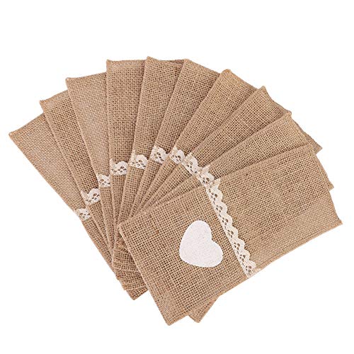 Burlap Lace Utensil Holders, Knife Fork Bag Burlap Knife Fork Pocket Pouch 10PCS Jute Lace Cutlery Holder for Wedding Christmas Party Decor (Love tableware bags)