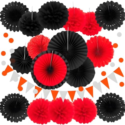 Image of XIKSXITN 12 pc Black Red Tissue Paper Pom poms-Hanging Paper Pom Poms Paper Flowers Ball for Party Decorative(10&12 inch)