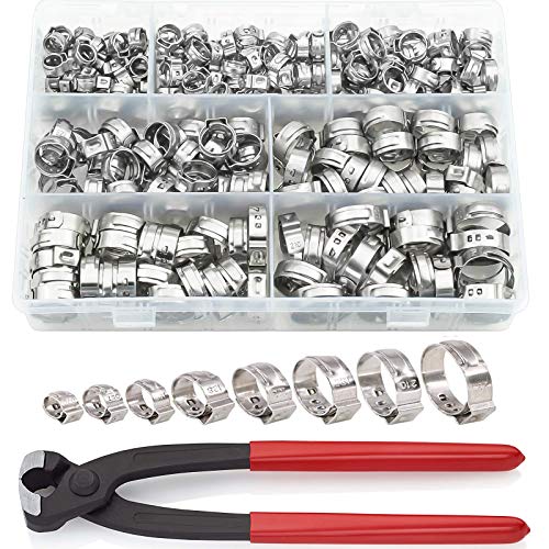 Qovydx 120Pcs Single Ear Hose Clamps 304 Stainless Steel Stepless Cinch Rings Crimp with Ear Clamp Pincer Hose Clamps Assortment Kit for Securing Pipe Hoses and Automotive Use (10 Sizes 6mm-28.6mm)
