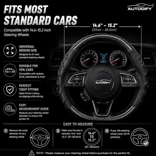 Image of Stitchable Carbon Fiber Steering Wheel Cover with Leather Protection | Universal Fit, Anti-Slip, Breathable, Comfortable Grip, Durable & Stylish for Cars | Easy Install with Black Stich
