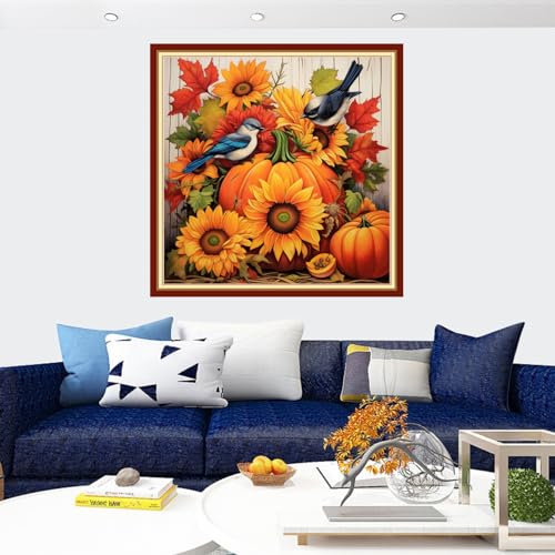 Image of Findvoor Stamped Cross Stitch Kits for Beginners Full Range of Cross Stitching Embroidery Pattern for Adults, 11CT DIY Needlepoint Embroidery Starter Kits-Pumpkin Bird 17.7x17.7 inch