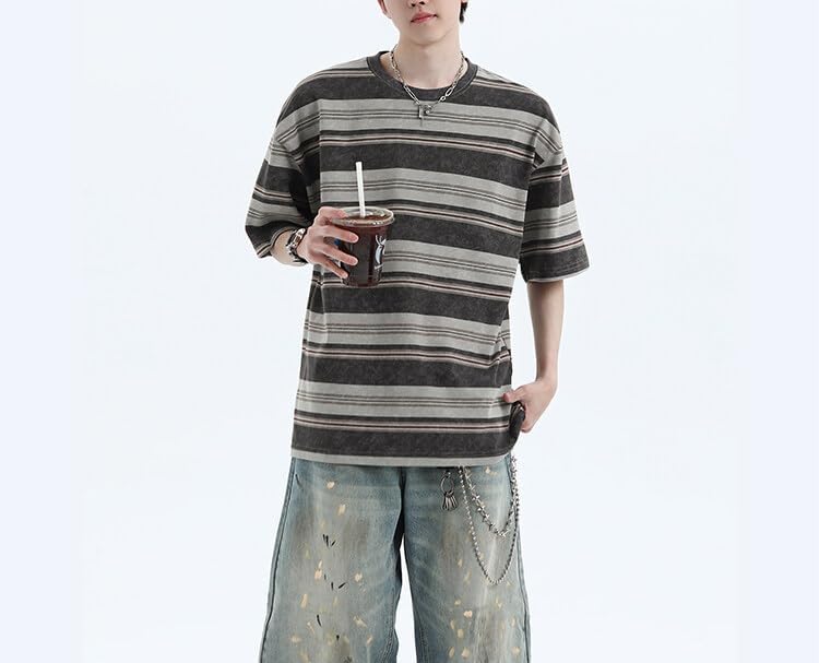 Men's Y2K Striped Baggy T-Shirt Alt Emo Summer Crewneck Short Sleeve Streetwear Top Harajuku Grunge Aesthetic Tees - Image 5